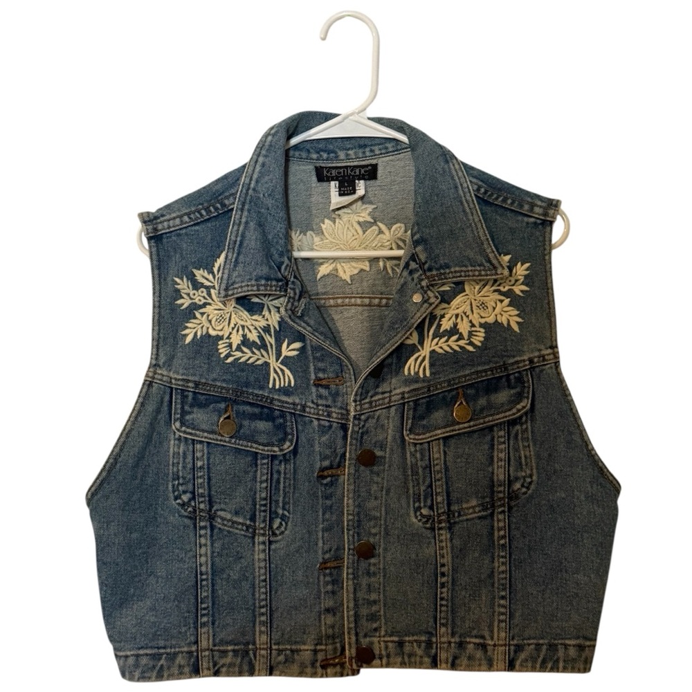 Karen Kane Blue Denim Vest with White Embroidery Size Large
